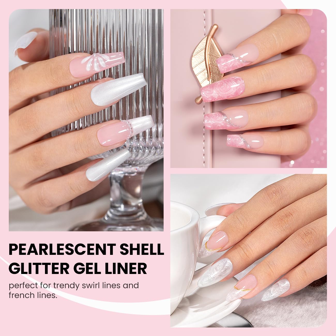 RARJSM Pearl Nail Art Gel Liner 2 Pcs Set Pearlescent Milky Silver White and Pink Shell Glitter Swirl Effect Gel Nail Polish 8ml Build in Thin Brush Painted Drawing Striper GelPolish Curing Requires-Velvo Beauty