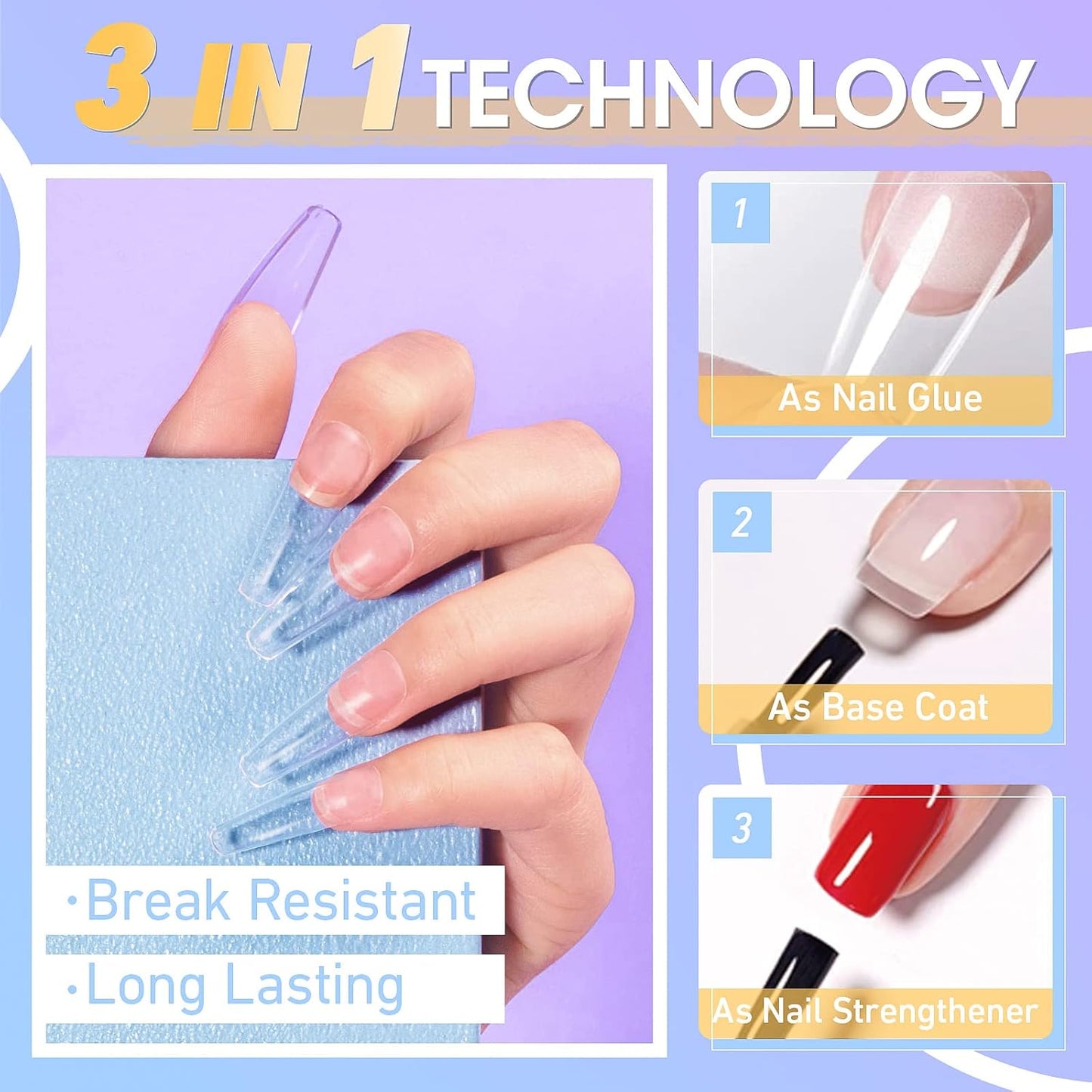 Gellen Nail Glue Gel, 2PCS 15ML 3 in 1 Gel Nail Glue for Acrylic Nail & Base Gel & Nail Strengthener Kit, Nail Glue for Press On Nails False Nails, Super Strong Gel Glue for Nail Extension-Velvo Beauty