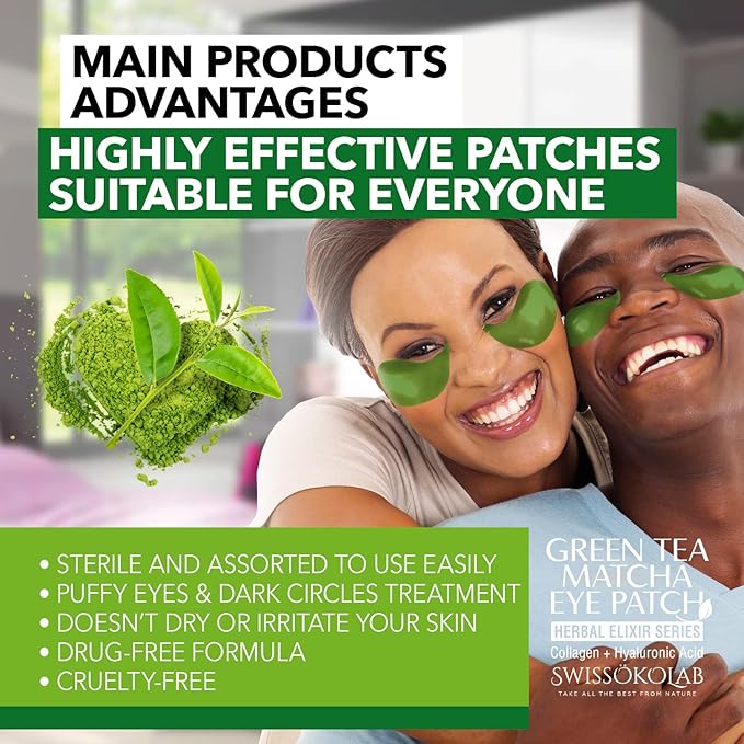 SWISSÖKOLAB Under Eye Patches For Puffy Eyes 24k Gold Eye Mask Dark Circles And Puffiness Collagen Eye Gel Pads Moisturizing & Reducing Wrinkles Anti-Aging Hyaluronic Acid (Green Tea)-Velvo Beauty