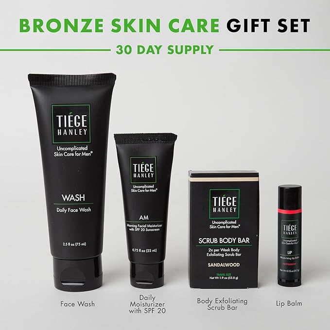 Tiege Hanley Mens Skin Care Gift Box Set, Bronze - Men's Skincare Set Includes Face Wash, Facial Moisturizer with SPF 20 Sunscreen, Body Exfoliating Scrub Bar, & Moisturizing Lip Balm-Velvo Beauty
