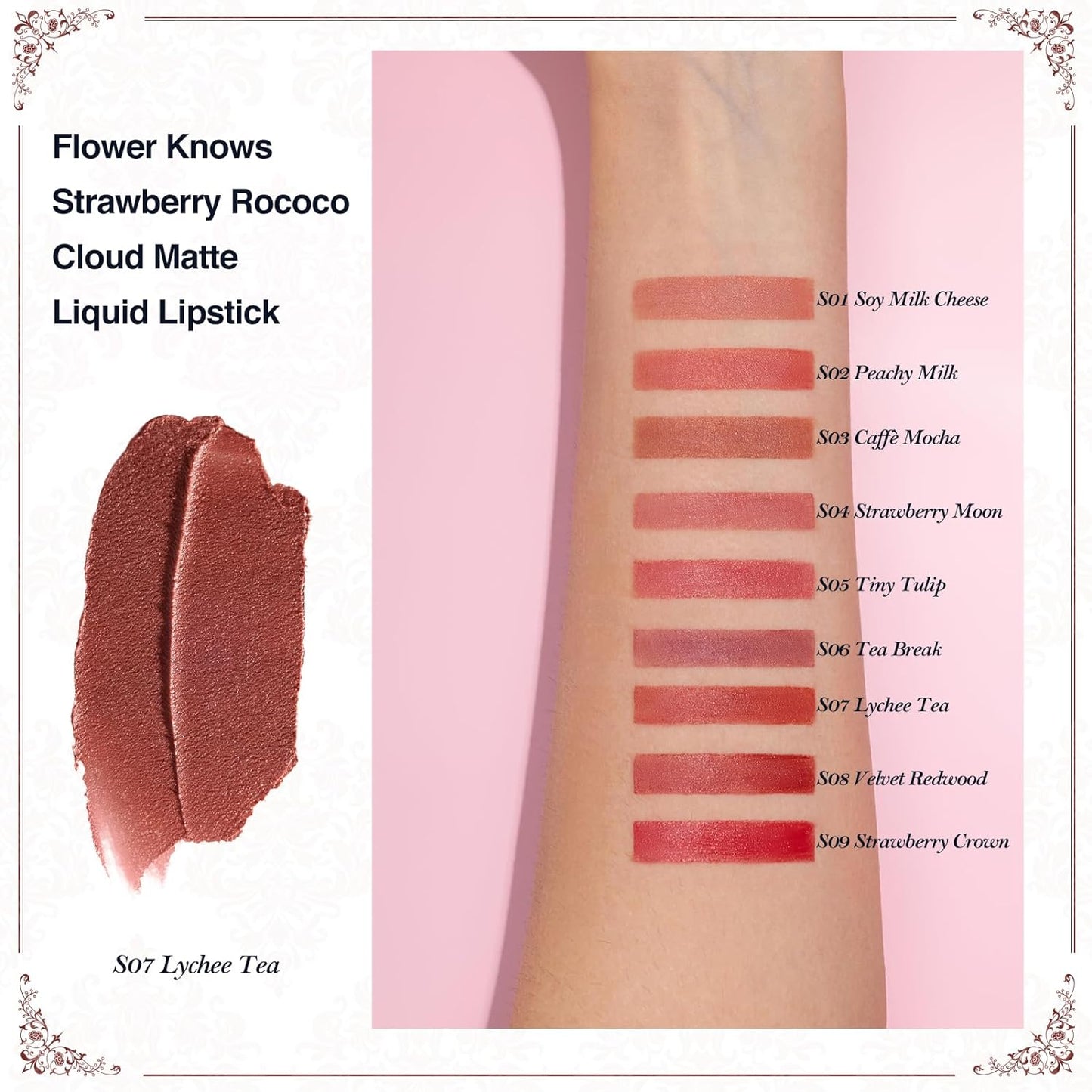 Flower Knows Strawberry Rococo Cloud Lip Cream,Velvety Matte Liquid Lipstick,Red Lipstick,Long Lasting Lip Stain,Kiss-proof Blurred Lipstick for Girls&Women,0.12 Fl Oz(S07 Lychee Tea)-Velvo Beauty