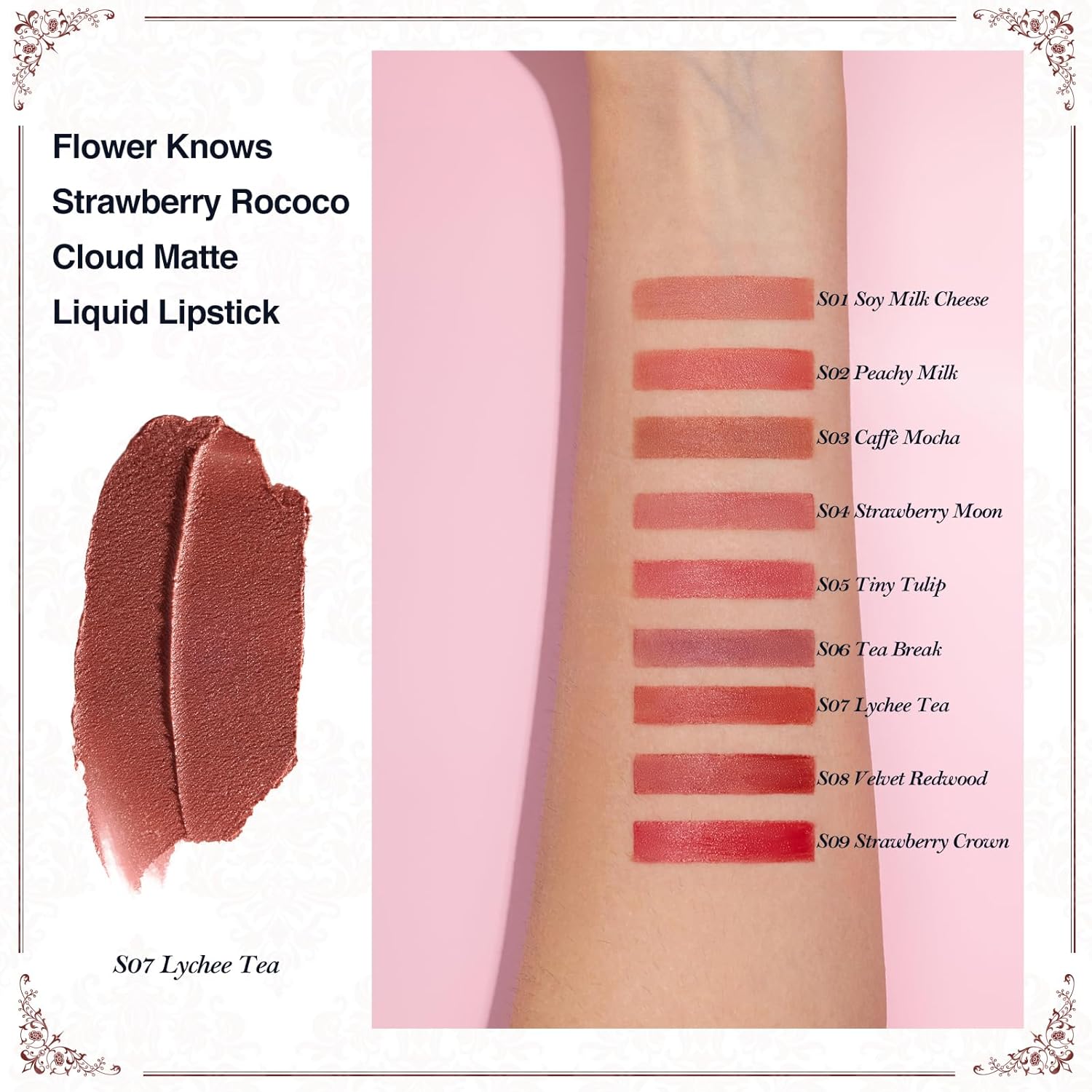 Flower Knows Strawberry Rococo Cloud Lip Cream,Velvety Matte Liquid Lipstick,Red Lipstick,Long Lasting Lip Stain,Kiss-proof Blurred Lipstick for Girls&Women,0.12 Fl Oz(S07 Lychee Tea)-Velvo Beauty