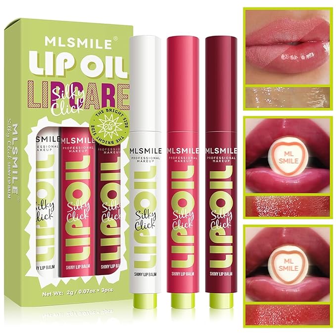 3 Colors Fat Lip Oil Click Slick, Moisturizing and Long-lasting Lip Balm, Non-stick and High Pigment Lip Glow Oil, Lightweight Lip Plumper with Coconut Oil (Set: A)-Velvo Beauty