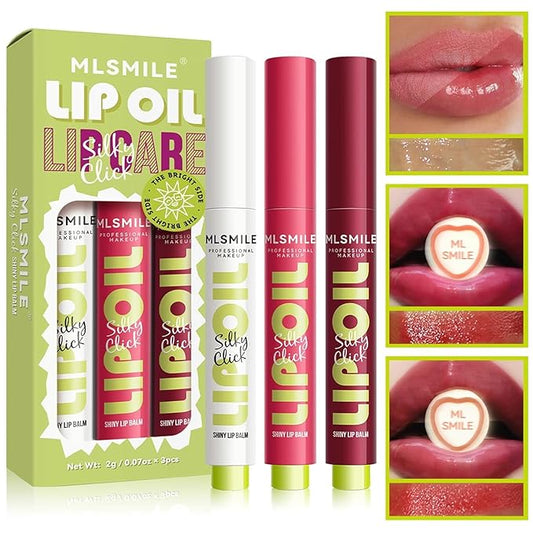 3 Colors Fat Lip Oil Click Slick, Moisturizing and Long-lasting Lip Balm, Non-stick and High Pigment Lip Glow Oil, Lightweight Lip Plumper with Coconut Oil (Set: A)-Velvo Beauty