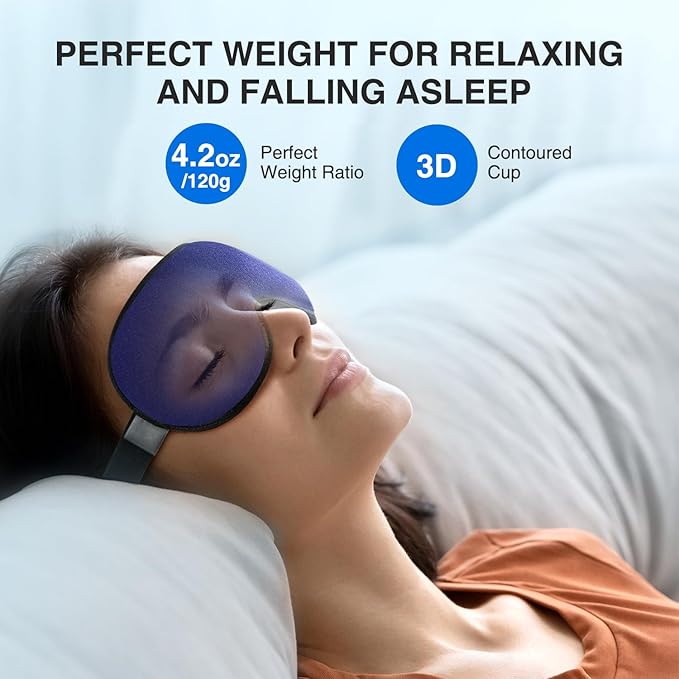 YFONG Weighted Sleep Mask, Women Men 3D Eye Mask Blocking Lights Sleeping Mask (4.2oz/120g), Pressure Relief Night Sleep Eye Mask with Adjustable Strap, Eye Cover Blindfold for Travel Nap Yoga, Blue-Velvo Beauty
