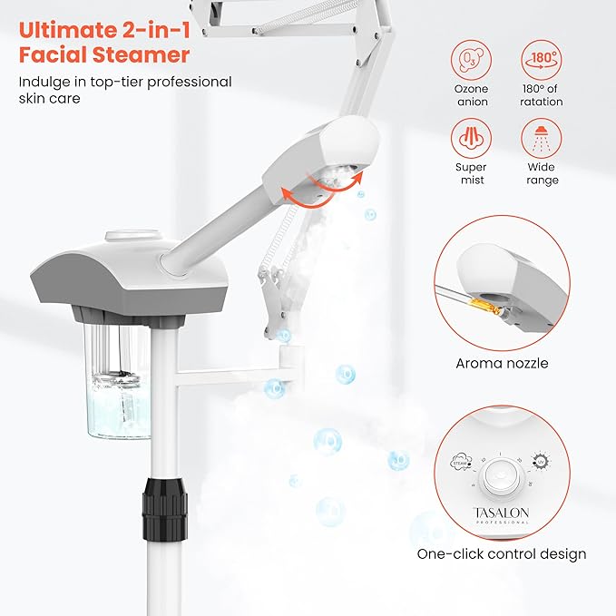TASALON Professional Facial Steamer with 5X Magnifying Lamp, 2-in-1 Esthetician Steamer on Wheels with Ozone and Hot Mist, Ionic Facial Steamer for Facial Deep Cleaning and Moisturize-Velvo Beauty