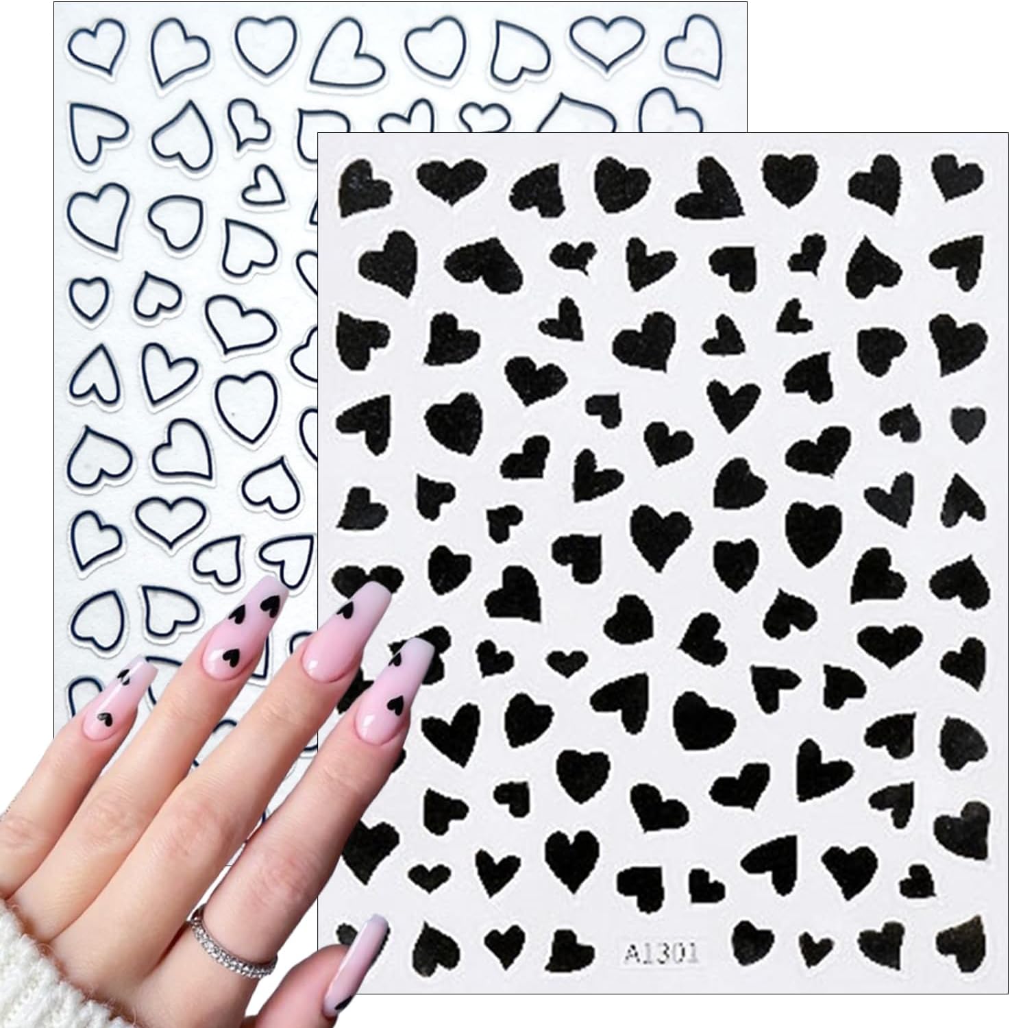 6 Sheets Valentine's Day Heart Nail Art Stickers Decals 3D Self-Adhesive Nail Decals Cute Red and Black Hollow Out Heart Nail Supplies for Women and Girls Valentines DIY Manicure Decorations-Velvo Beauty