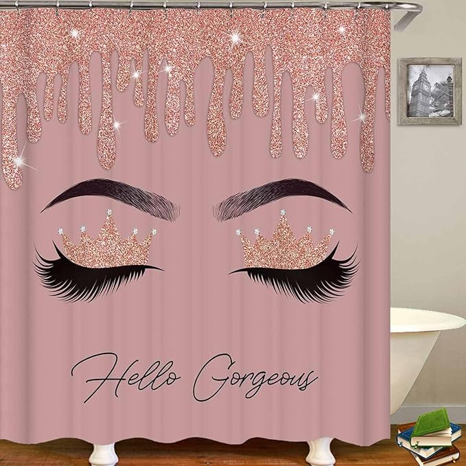 4PCS Hello Gorgeous Shower Curtain Set, Rose Gold Glitter Drip Bling Glam Diamond Crown Princess Unicorn Eyelash Girls Pink Bathroom Decor, Waterproof Fabric Shower Curtain Bath Mat Toilet Rug-Velvo Beauty