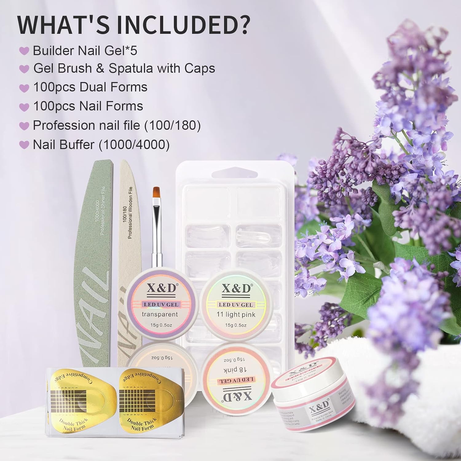 X&D Poly Gel Nail Kit - Natural Clear 5 Colors, Dual Forms, Gel Brush with Spatula, Professional Nail File and Buffer Set-Velvo Beauty