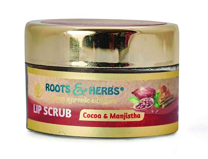 ROOTS AND HERBS Ayurvedic Cacao & Manjistha Cane Sugar Lip Scrub 100% Vegan, No-Paraben, No-SLS, No-Sulphate & Natural Treatment Exfoliator for Dark, Dry, Chapped Smooth & Brighter Lips (15gm/0.53oz)-Velvo Beauty