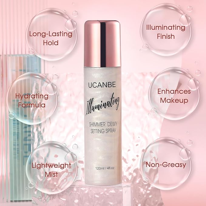 UCANBE Shimmer Dewy Setting Spray – Glowing + Makeup Setting Spray 2 in 1 Lightweight Formula for a Radiant Glow,Long-Lasting Face Mist for Face Body, 4 Fl Oz #Platinum-Velvo Beauty