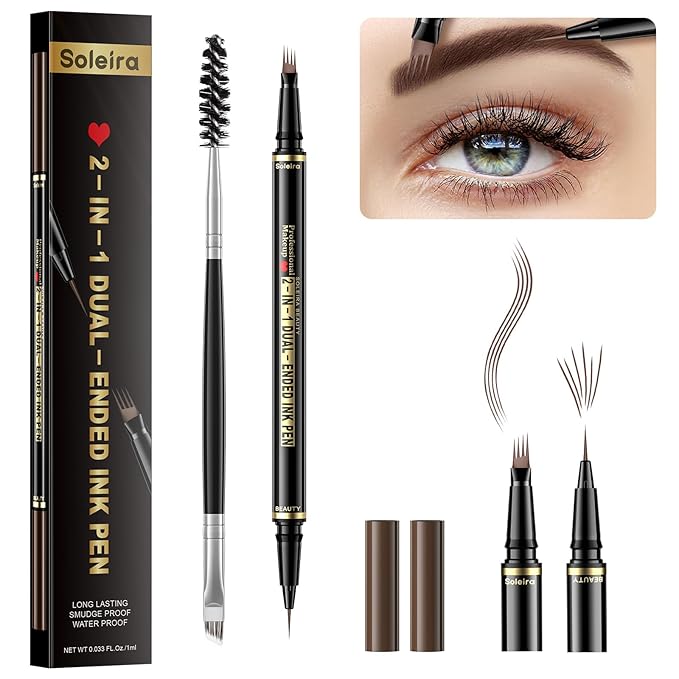 Eyebrow Pen, Soleira Waterproof Eyebrow Pencil with 4 Tip Microblading Eyebrow Pen and Dual-ended Eyebrow Brush, for Natural-Looking Brows, Long-Lasting, Dark Brown-Velvo Beauty