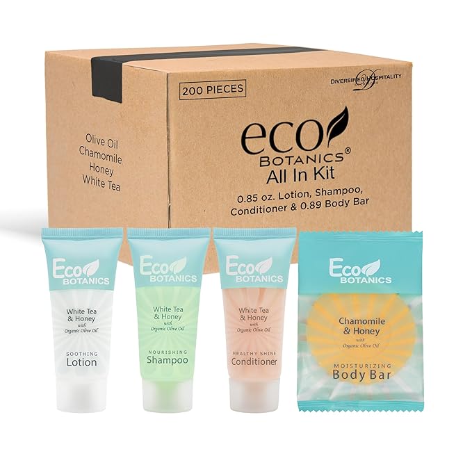 Eco Botanics Hotel Soaps and Toiletries Bulk Set | 1-Shoppe All-In-Kit Amenities for Hotels & Airbnb | 0.85 oz Hotel Shampoo, Conditioner & Lotion, 0.89 oz Bar Soap Travel Size | 200 Pieces-Velvo Beauty