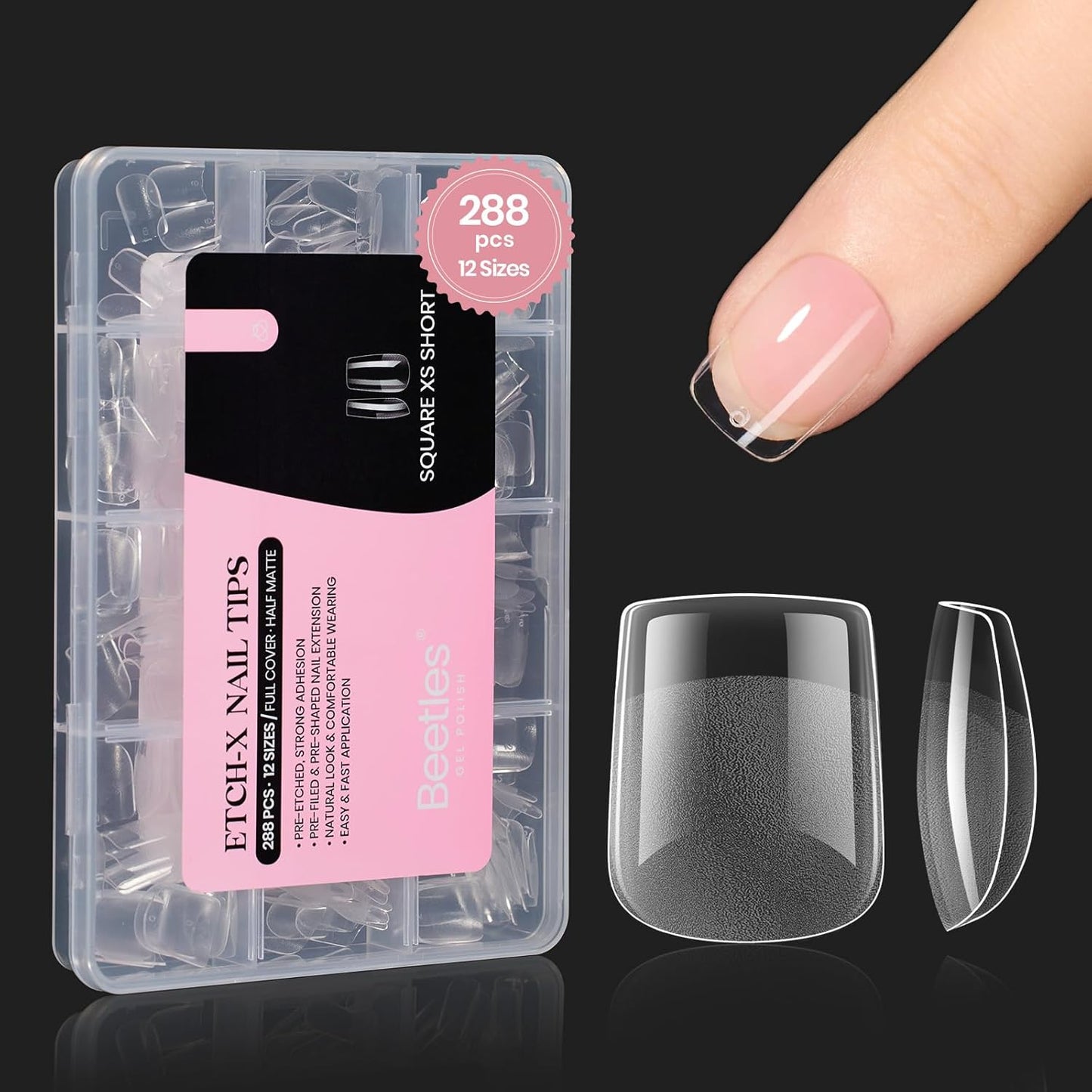 Beetles Gel Nail Tips 288Pcs Extra Short Square Etch-X Fake Nails Half Matte Press on Nail Tips Full Cover Nail Tips Gel Nail Polish Extensions Set Gifts for women-Velvo Beauty