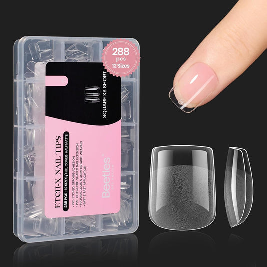 Beetles Gel Nail Tips 288Pcs Extra Short Square Etch-X Fake Nails Half Matte Press on Nail Tips Full Cover Nail Tips Gel Nail Polish Extensions Set Gifts for women-Velvo Beauty