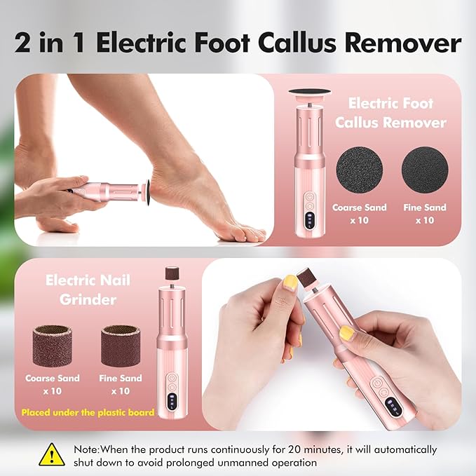 Electric Foot Callus Remover Cordless Electric Foot Filer Kit with 6Speeds Chagring Dock Callus Remover for Women Feet and Nail (Pink)-Velvo Beauty