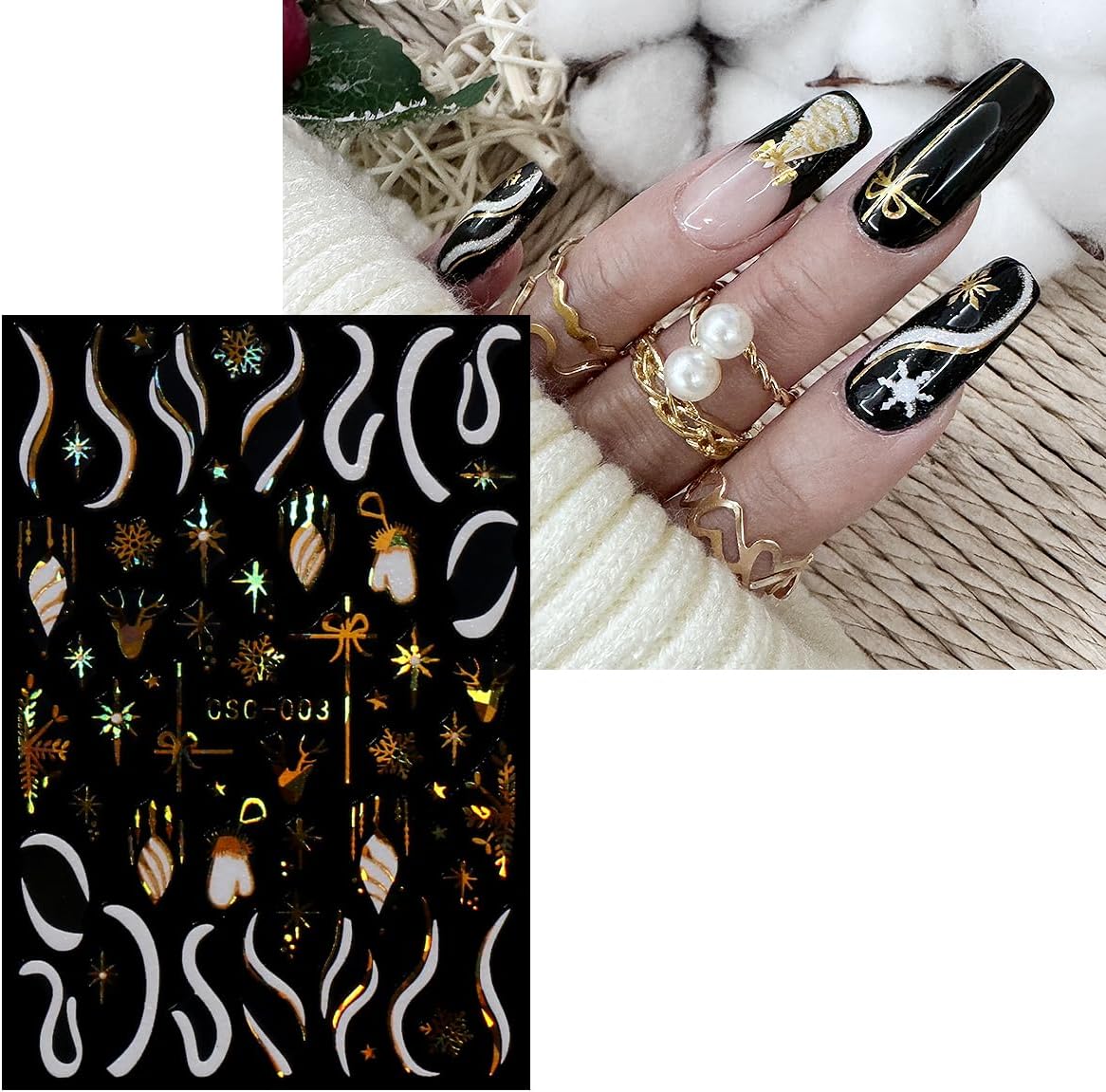 JMEOWIO 8 Sheets Christmas White Glitter Gold Nail Art Stickers Decals Self-Adhesive Snowflake Winter Holiday Nail Supplies Nail Art Design Decoration Accessories-Velvo Beauty