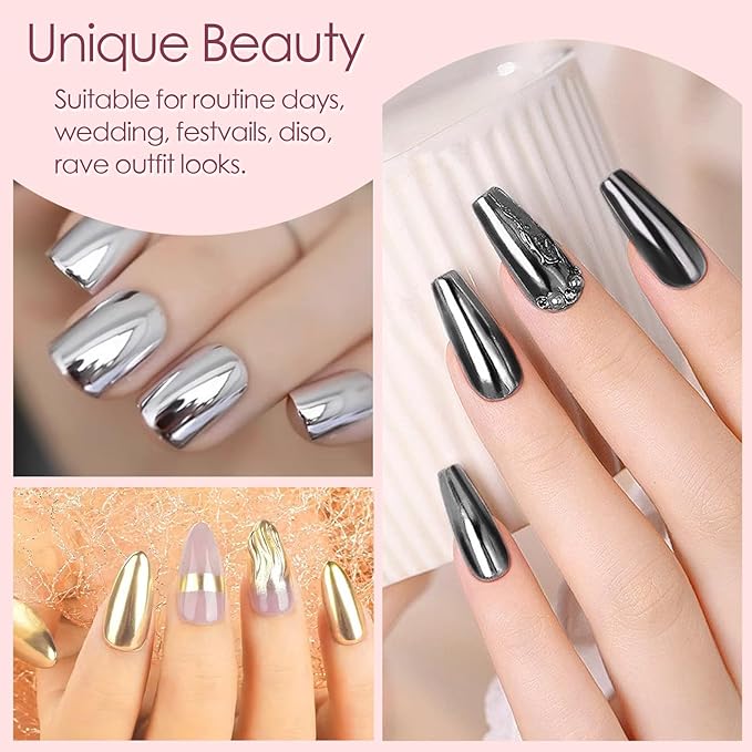 Allstarry Gold and Silver Chrome Nail Powder, 4 Colors Metallic Effect Mirror Chrome Powder Pigment Holographic Manicure Pigment Gold Siver Pink Chrome Nail Glitter-Velvo Beauty