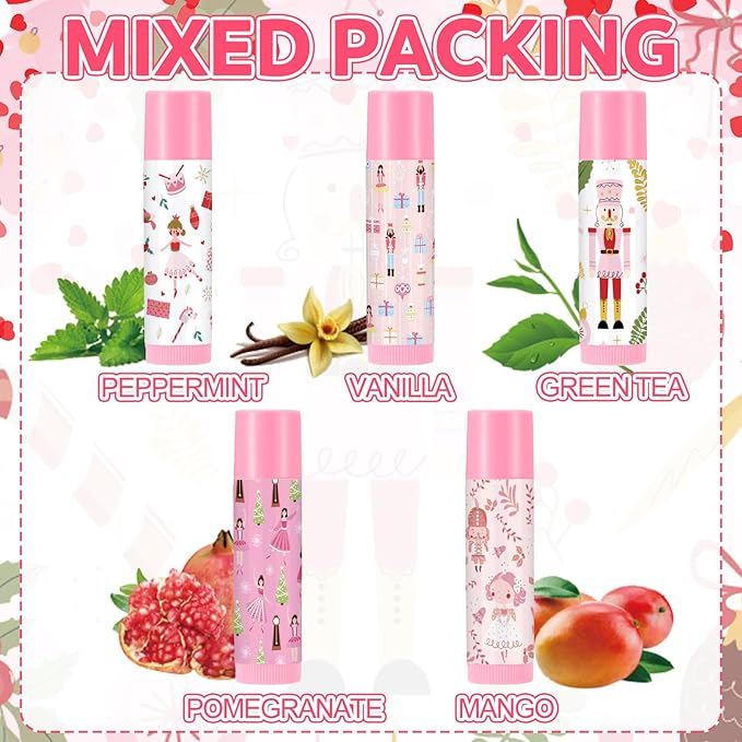 Dunzy 50 Pcs Christmas Lip Balm Gifts Bulk Pink Christmas Nutcracker Themed Lip Balm Xmas Lip Moisturize for Lip Care Xmas Holiday Party Stocking Stuffers, 5 Flavors-Velvo Beauty