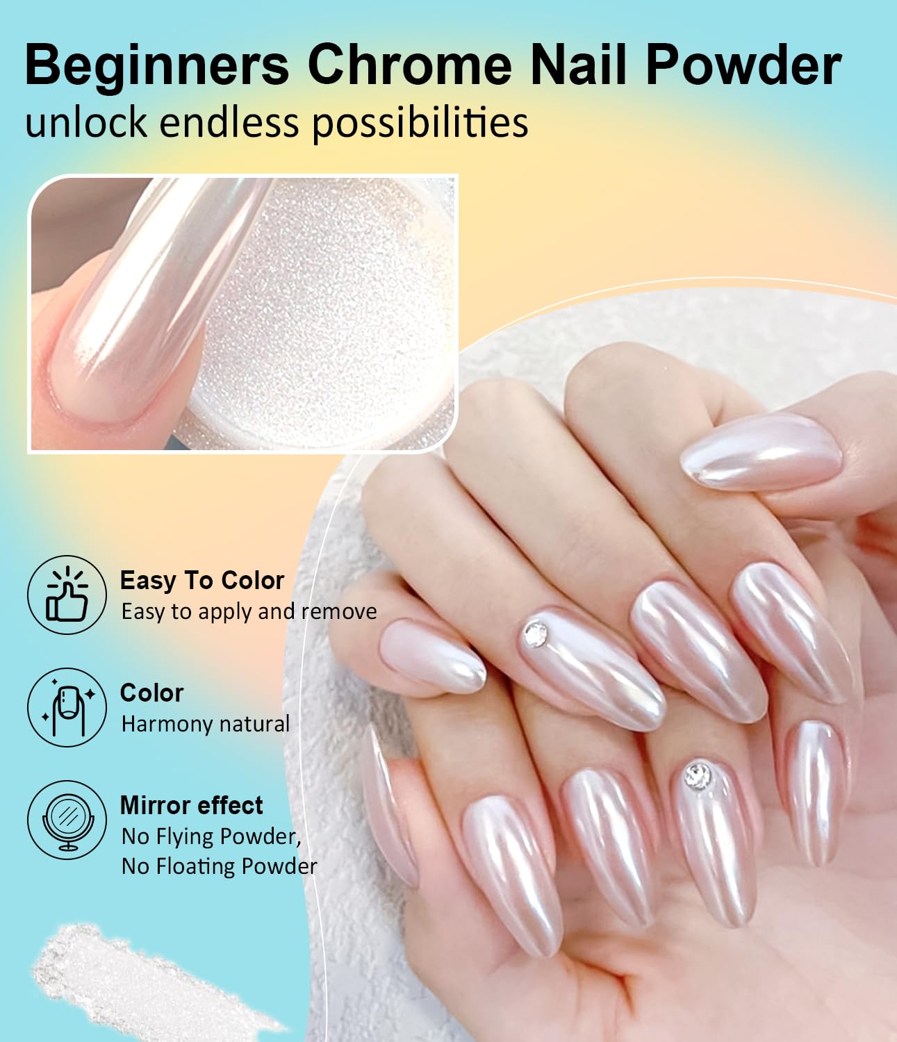 Gold Chrome Nail Powder BISHENGYF -【Metallic Mirror Effect】Pearl Chrome Nail Powder White Aurora Mermaid Iridescent Silver Nail Chrome Powder Metallic Mirror Glitter Pigment Dust For Nail Art DIY-Velvo Beauty