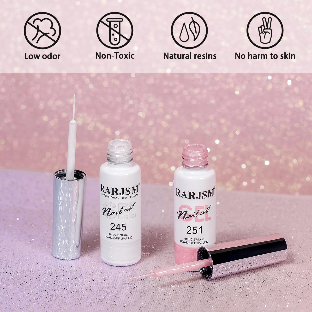 RARJSM Pearl Nail Art Gel Liner 2 Pcs Set Pearlescent Milky Silver White and Pink Shell Glitter Swirl Effect Gel Nail Polish 8ml Build in Thin Brush Painted Drawing Striper GelPolish Curing Requires-Velvo Beauty
