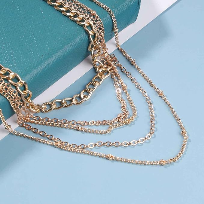 Punk Layered Curb Chain Necklace Gold Satellite Chain Necklace Vintage Stacking Necklace Personalized Necklace Jewelry for Women and Girls-Velvo Beauty