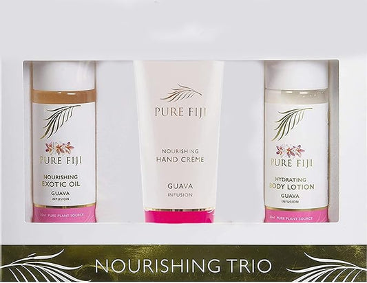 Pure Fiji Nourishing Trio, Ideal Spa Bath Gift Set for Women - Travel Kit - Includes Exotic Body Oil, Hydrating Body Lotion For Women and Nourishing Hand Cream, Guava Scent-Velvo Beauty