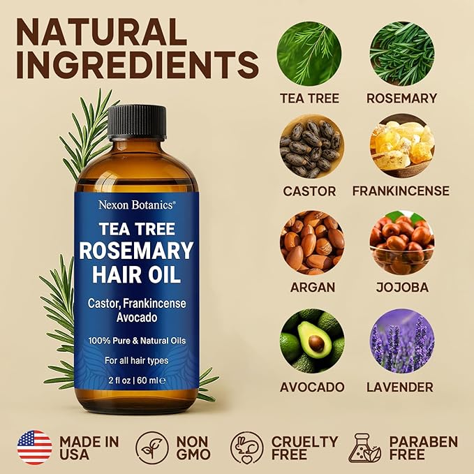 Tea Tree Rosemary Oil for Hair Growth 2 fl oz - Scalp Treatment with Castor, Frankincense & Avocado Oils - For Dry, Damaged Hair - Nexon Botanics-Velvo Beauty