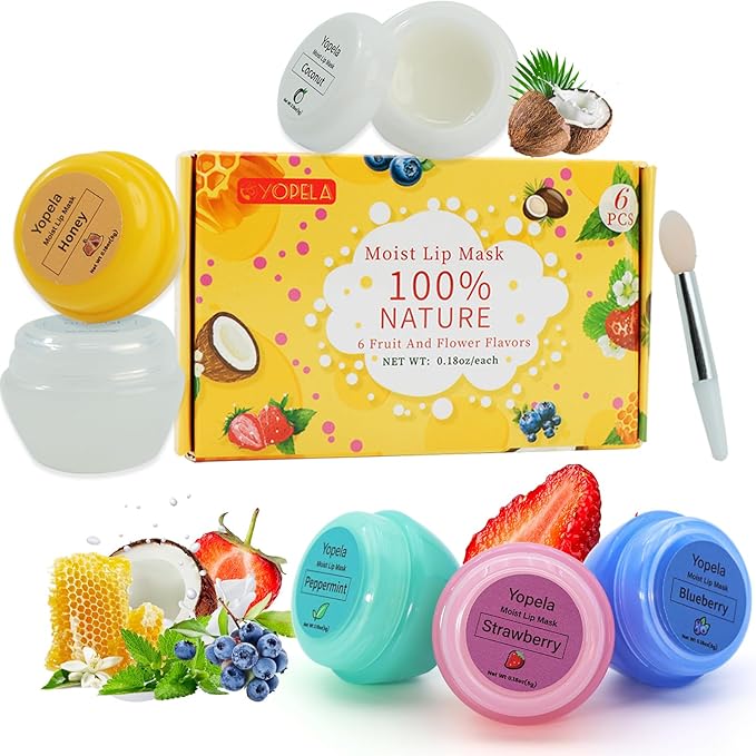 6 Pack Cute Lip Mask Sleeping Overnight for Dry Lips with Coconut Oil and Beeswax -Smoothing Hydrating Softening Plumoing Moisturizing with Small Lip Brush 6 Flavors 0.18 oz-Velvo Beauty