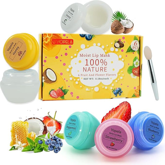 6 Pack Cute Lip Mask Sleeping Overnight for Dry Lips with Coconut Oil and Beeswax -Smoothing Hydrating Softening Plumoing Moisturizing with Small Lip Brush 6 Flavors 0.18 oz-Velvo Beauty