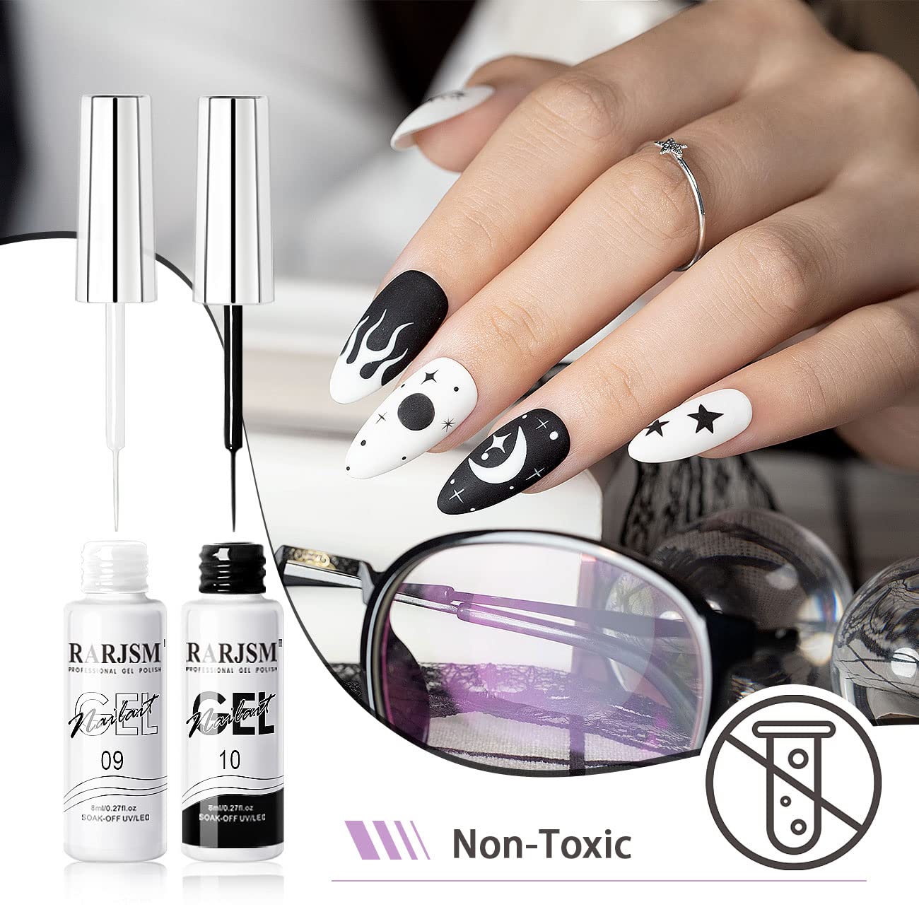 RARJSM Nail Art Gel,Liner Gel Polish,Black White Nail Design Polish Painted GelNailPolish Set 2Pcs Soak off Curing Requires 8ml Build in Thin Brush for Home Salon Diy Nails French Manicure Painting-Velvo Beauty