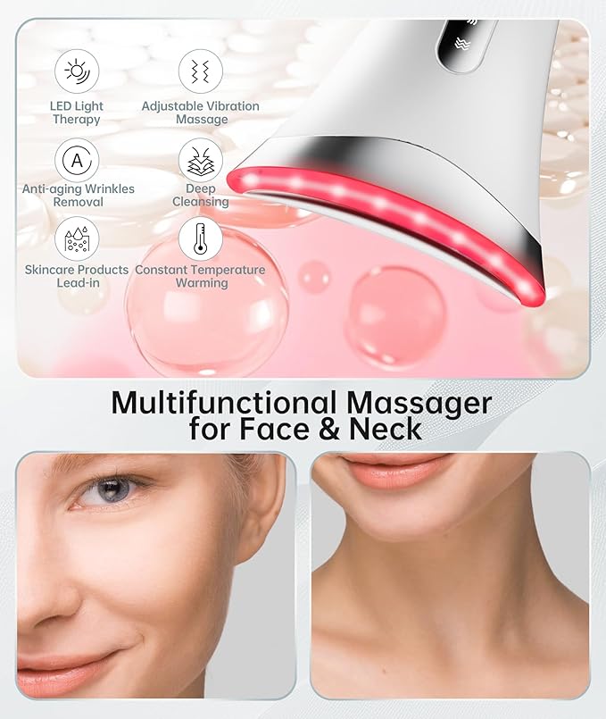 Red Light Therapy for Face and Neck, 7 Color Facial Massager with Adjustable Vibration and Thermals for Wrinkles, Double Chin, Portable Skin Care Tool with Base, White-Velvo Beauty