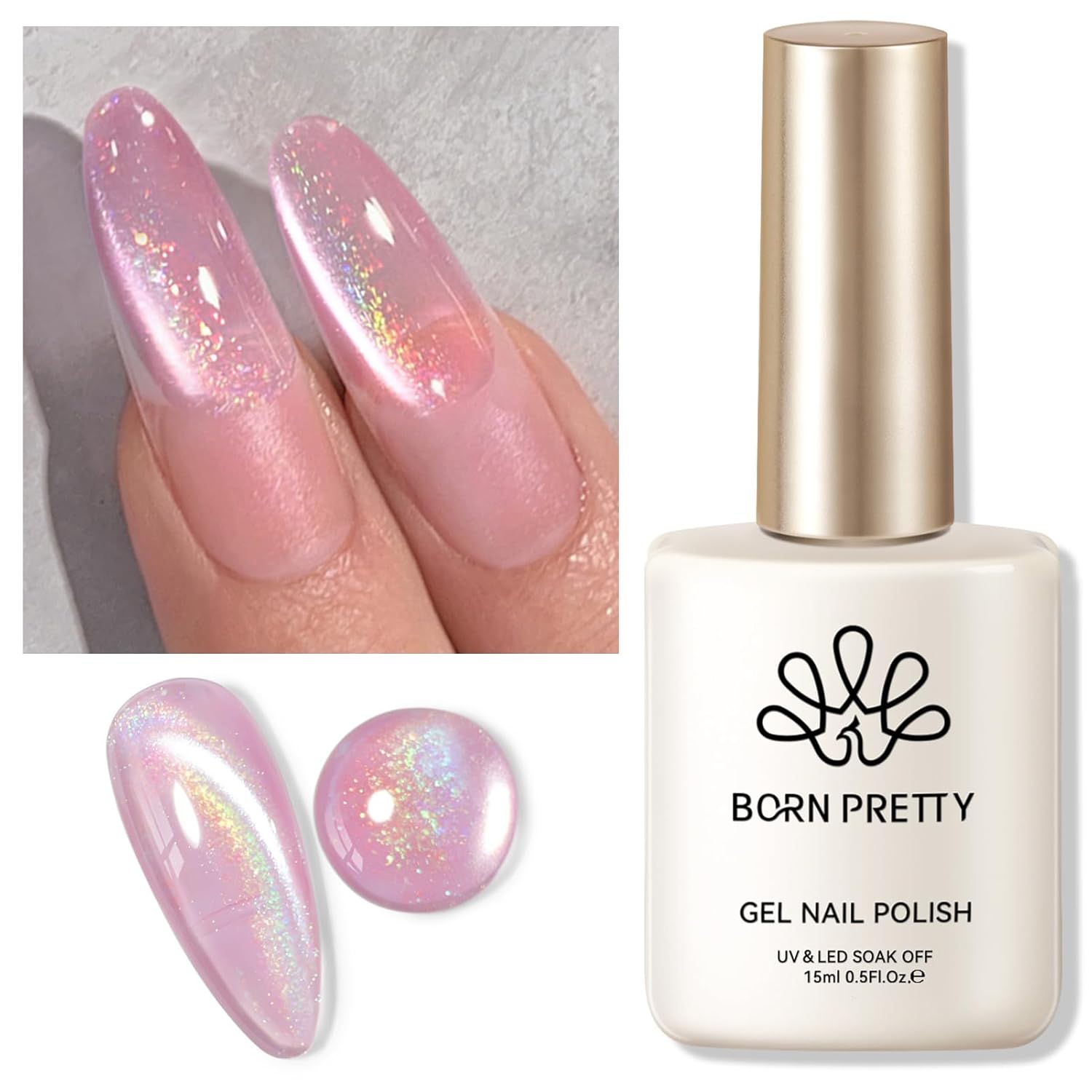 BORN PRETTY Pink Cat Magnetic Eye Gel Nail Polish Rainbow Holographic Moonlight Glass Magnetic Gel Nail Polish 15ML-Velvo Beauty