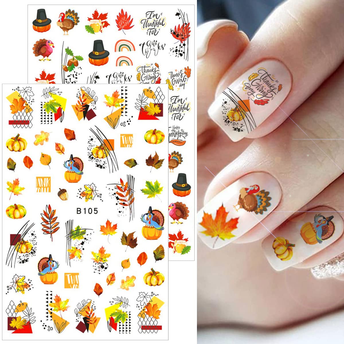 12 Sheets Fall Nail Art Stickers 3D Autumn Leaves Nail Decals Self-Adhesive Thanksgiving Nail Art Accessories Foils Maple Leaf Pumpkin Turkey Nail Designs for Women Girls DIY Manicure Decoration-Velvo Beauty