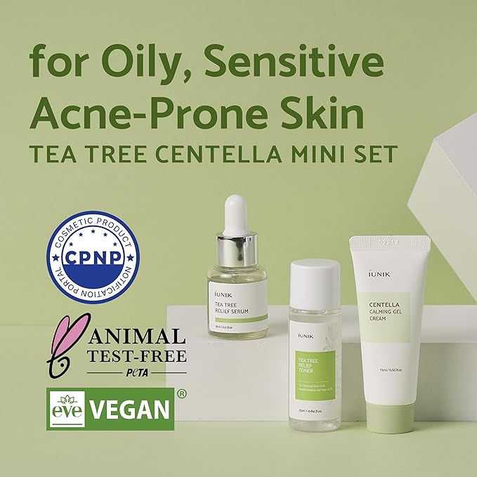 iUNIK Centella Mini Set Travel-Friendly Skincare Set Ultra calming and hydrating for sensitive skin - Tea Tree Relief Toner,Serum, Centella Calming Gel Cream-Velvo Beauty