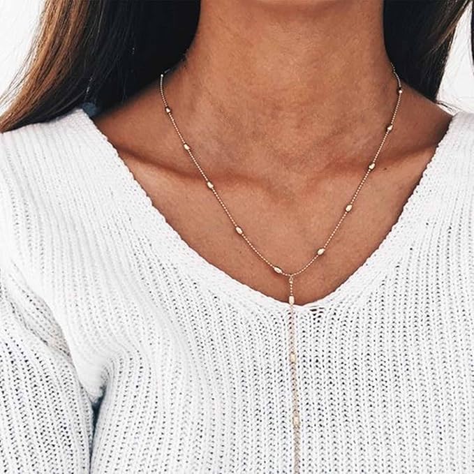 Bohemia Layered Y Lariat Choker Necklace Long Rhinestone Tennis Chain Necklace Floating Pearl Choker Necklace Gold Y Drop Necklace Chain Jewelry for Women and Girls-Velvo Beauty