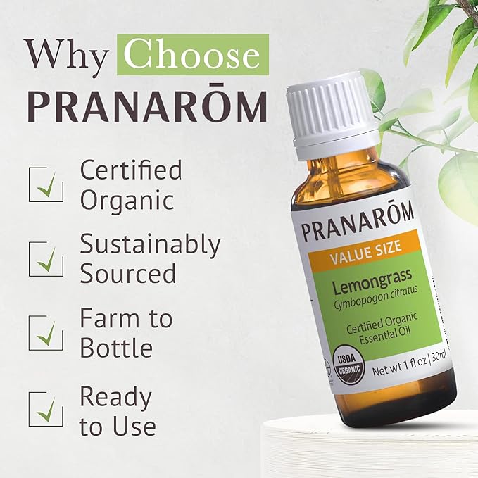 Pranarom USDA Certified Organic Lemongrass Essential Oil (30ml), 100% Pure Undiluted Therapeutic Grade from India for Aromatherapy, Diffuser, Meditation, Massage, Relaxation, Citrus - Lemon-Velvo Beauty