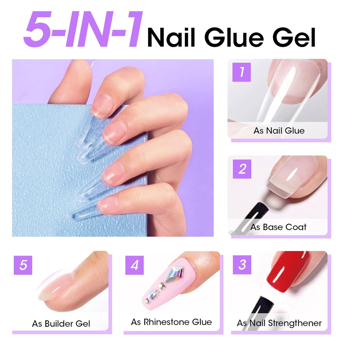 Gellen Nail Glue Gel & No Wipe Top Coat, 5 in 1 UV Nail Glue for Acrylic Nails, High Shiny Top Coat Gel, Curing Needed Extend Gel for False Tips & Clear Press on Nails, Home Salon DIY Manicure-Velvo Beauty