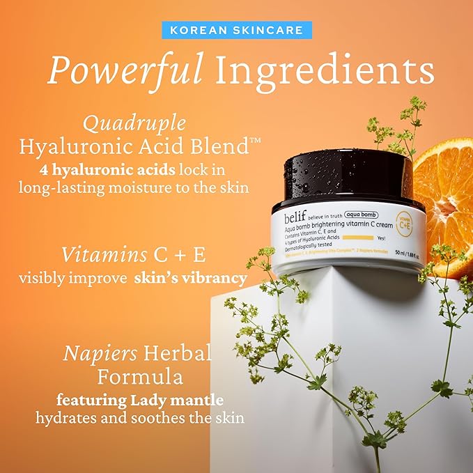 belif Aqua Bomb Vitamin C Face Cream Moisturizer, Infused with Hyaluronic Acid, Vitamin C & Vitamin E, Intense Hydration, For All Skin Types, Korean Skin Care-Velvo Beauty