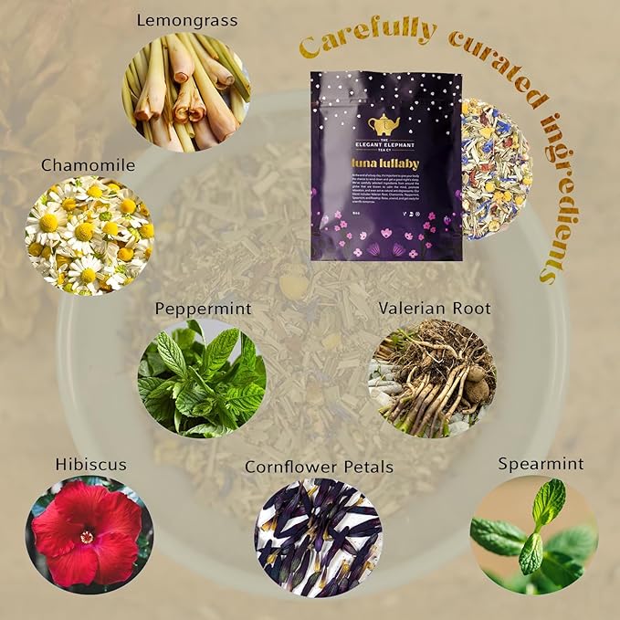 Luna Lullaby Sleep Tea, Organic Loose Leaf Herbal Tea – Calming, Relaxing Bedtime Tea – Chamomile, Valerian Root, Peppermint – 4 oz Resealable Bag (Makes 50 Cups) – The Elegant Elephant-Velvo Beauty