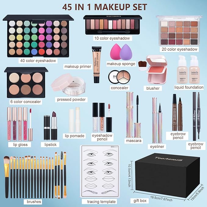 All in One Makeup Kit Makeup Kit for Women Full Kit Multipurpose Makeup ，eyeshadow、 liquid foundation,Loose powder,Eyebrow pencil,4-color lip gloss set-Velvo Beauty
