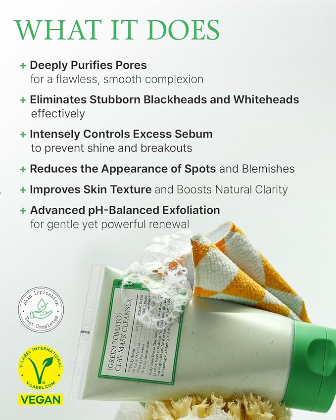 FULLY Green Tomato Pore Detox Clay Mask Cleanser, Pore Minimizing, Blackhead Care, Sebum Control, Exfoliation, Vegan, Face Wash, Sensitive Skin, Korean Skincare 4.05 fl.oz-Velvo Beauty