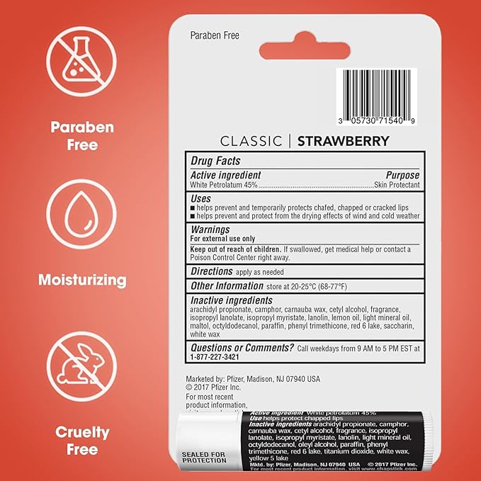 ChapStick Strawberry Lip Balm 4-Pack + 1 Classic Original ChapStick, Lip Moisturizer, 0.15 Oz Ea (5 Piece Set)-Velvo Beauty