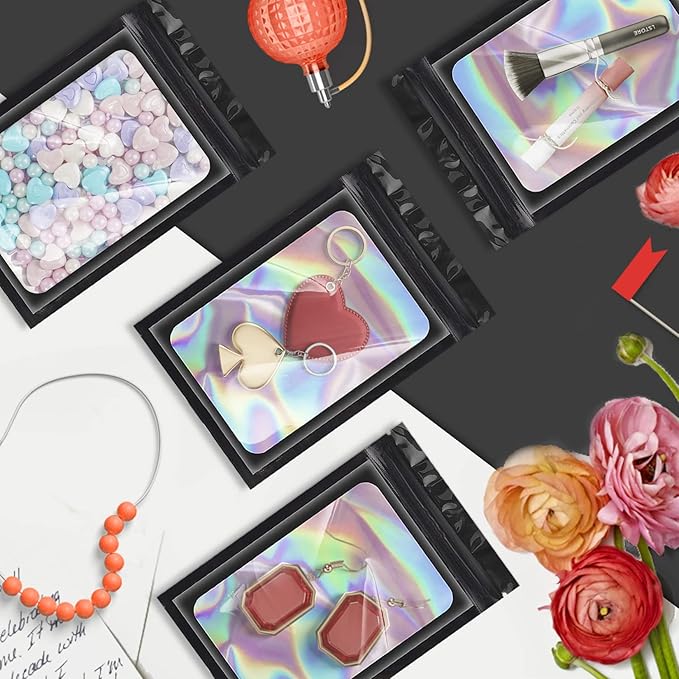 100 Pieces Smell Proof Mylar Bags, Holographic Packaging Bags, Resealable Odor Foil Pouch Zipper Bag with Clear Window for Food Storage and Lipgloss, Jewelry Lash (Black, 4 x 6 Inch)-Velvo Beauty