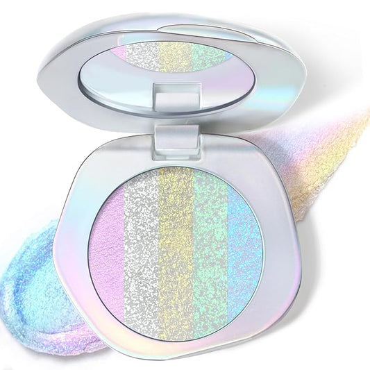 Chameleon Face Highlighter Palette, Glitter Metallic Rainbow Eyeshadow Holographic Sparkling Long Lasting Color Shifting Inner Corner Eye Brightener Illuminator Shimmer Highlighter Makeup-Velvo Beauty