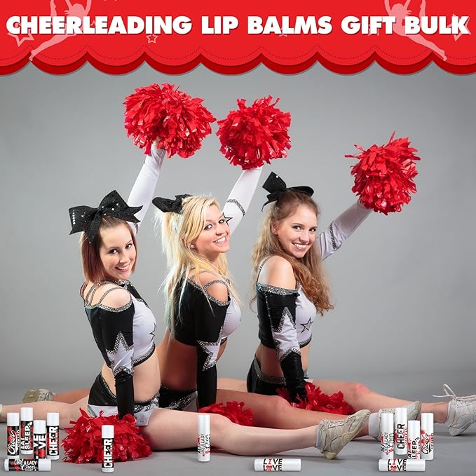 50 Sets Cheer Gifts Bulk 50 Cheer Lip Balm Bulk Moisturizing with 50 Organza Drawstring Gift Bags 50 Tags Cheerleader Gifts Cheer Gifts Bulk for Team (Red)-Velvo Beauty