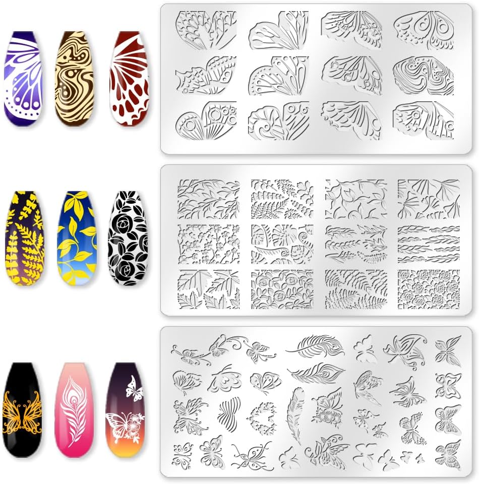 3Pcs Butterfly Nail Stamping Plate Set Floral Ginkgo Maple Leaves Stainless Steel Nail Stamp Templates Clear Silicone Nails Stamping with Stamper Scraper for Manicure Printing-Velvo Beauty