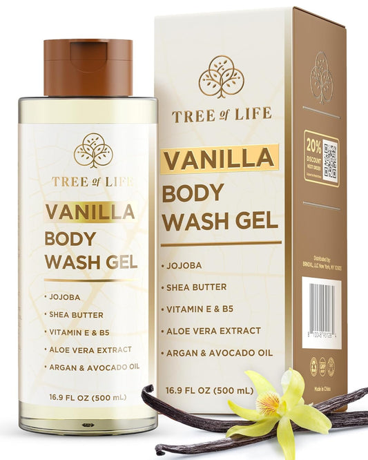 Tree of Life Vanilla Body Wash Gel - Moisturizing Shower Gel with Jojoba Oil and Shea Butter Hydrating Body Wash for Sensitive Skin and All Skin Types, 16.9 fl oz-Velvo Beauty