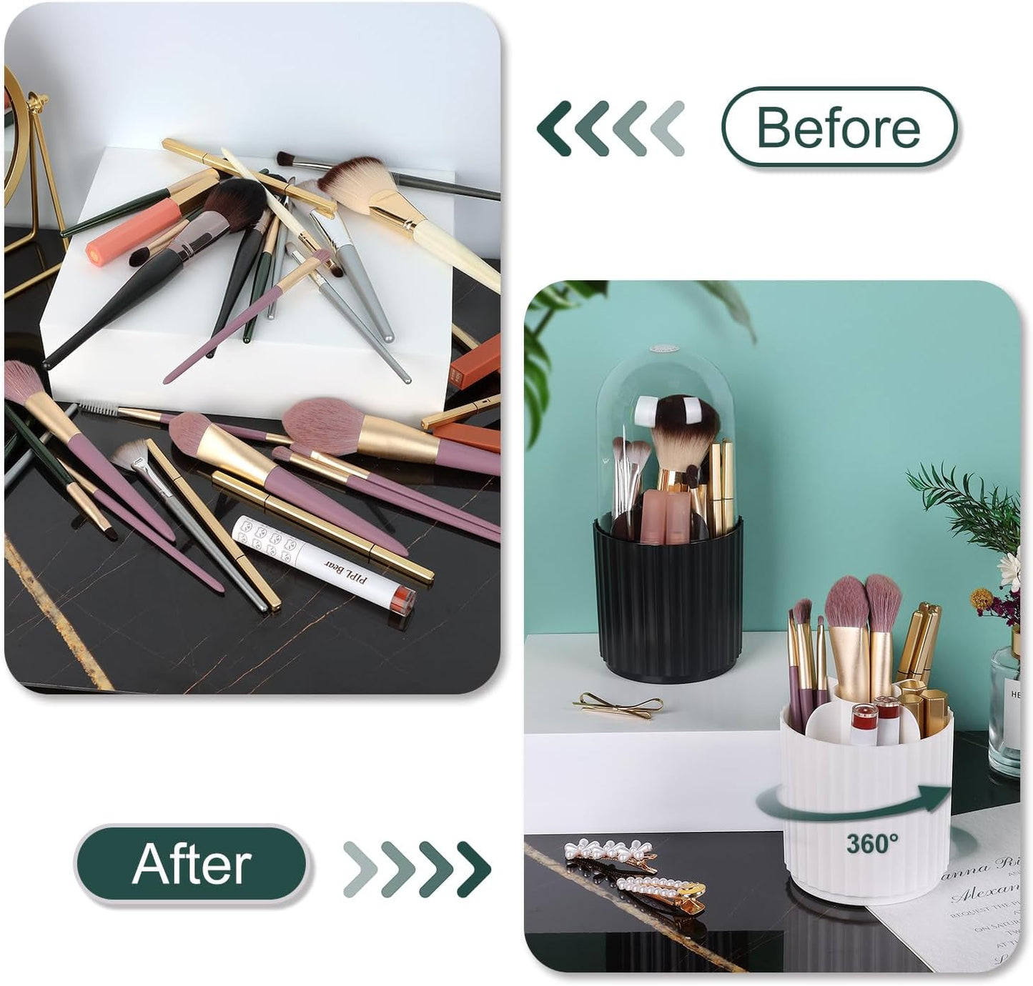 JessLab Makeup Brush Holder Organizer with Lid, 360 Degree Rotatable Spinning Cosmetics Holder Display for Bathroom Vanity Countertop, Black-Velvo Beauty