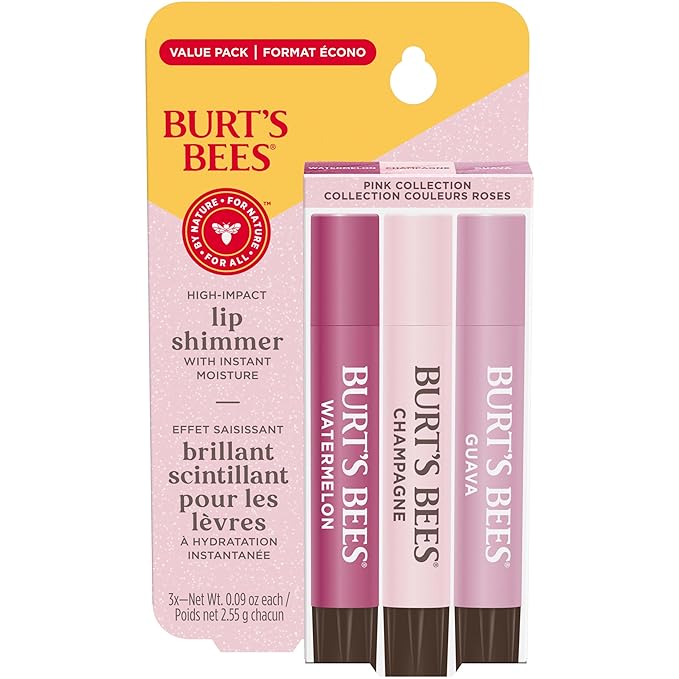 Burt's Bees Lip Shimmer Pink Collection, Tinted Lip Balm Stick, Moisturizing for All Day Hydration with Natural Glowy Pigmented Finish & Buildable Color, 3 Shades; Value Pack, 3 Tubes x 0.09 Oz-Velvo Beauty
